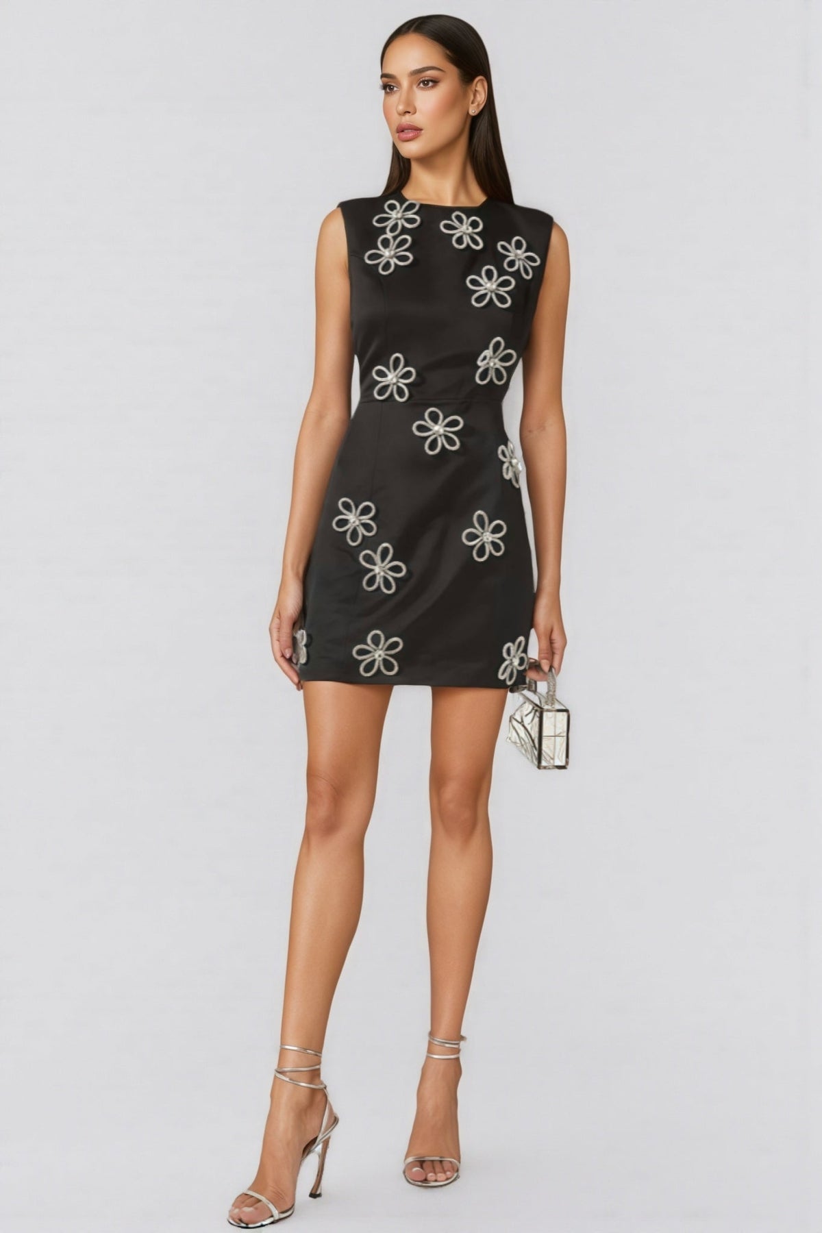 Metallic Floral Appliqué Crew Neck Sleeveless Shift Mini Dress