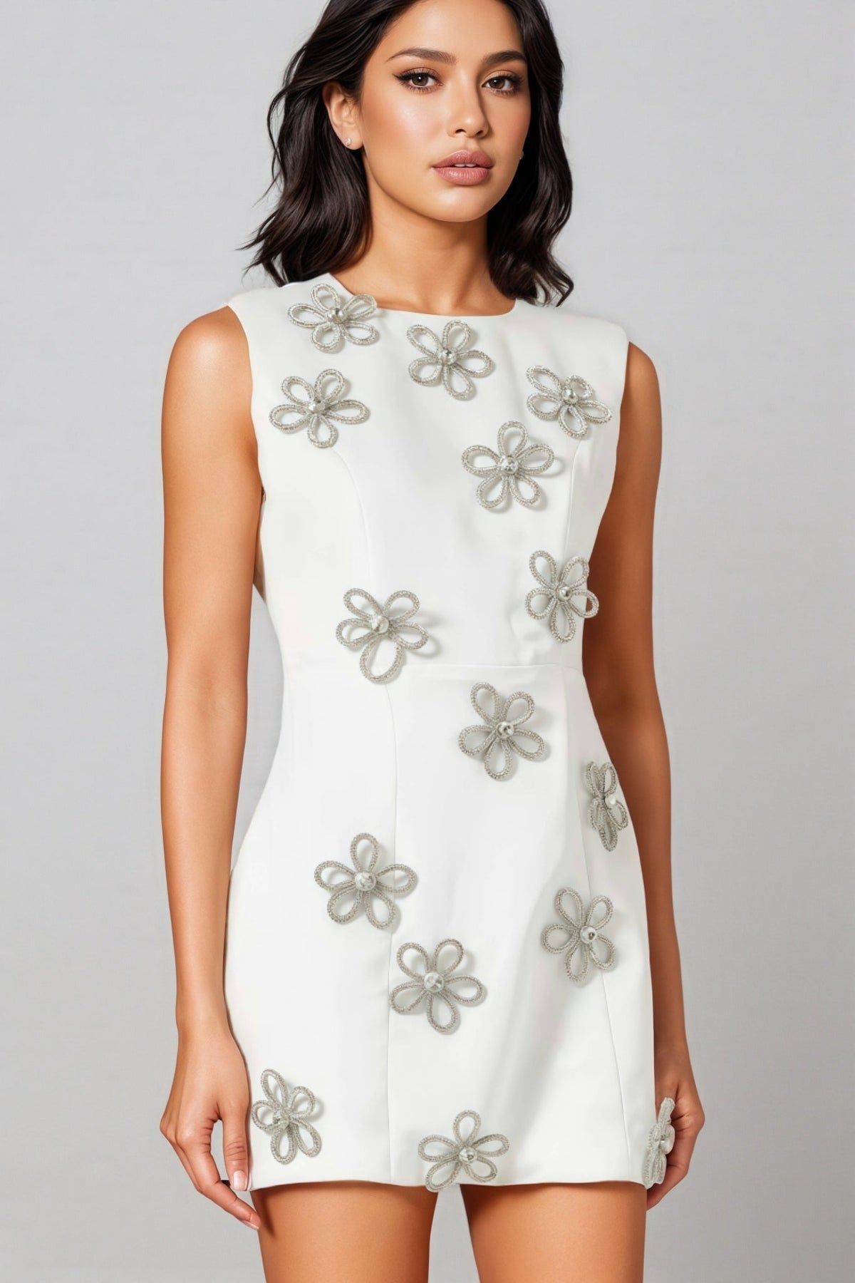Metallic Floral Appliqué Crew Neck Sleeveless Fitted Mini Dress - View 2
