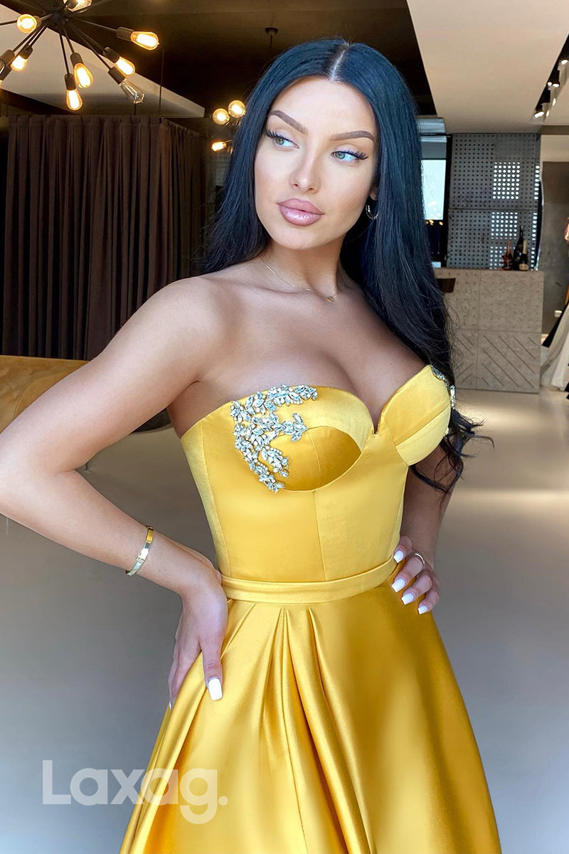 21776 - Sweetheart Beaded Thigh Slit Satin Long Prom Evening Dress