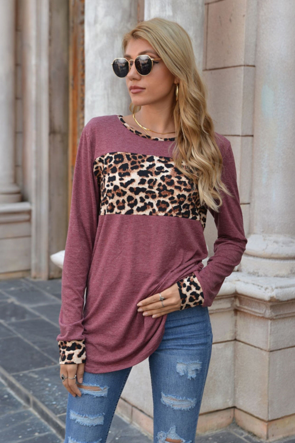 Leopard Print Stitching Round Neck Long Sleeve T-shirt