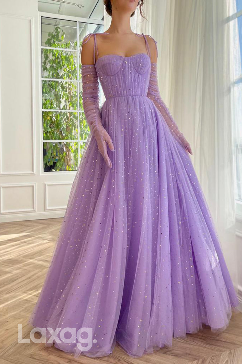 21779 - Spaghetti Straps Tulle Long Prom Dress With Gloves And Cloak