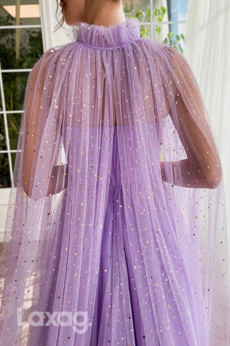 21779 - Spaghetti Straps Tulle Long Prom Dress With Gloves And Cloak