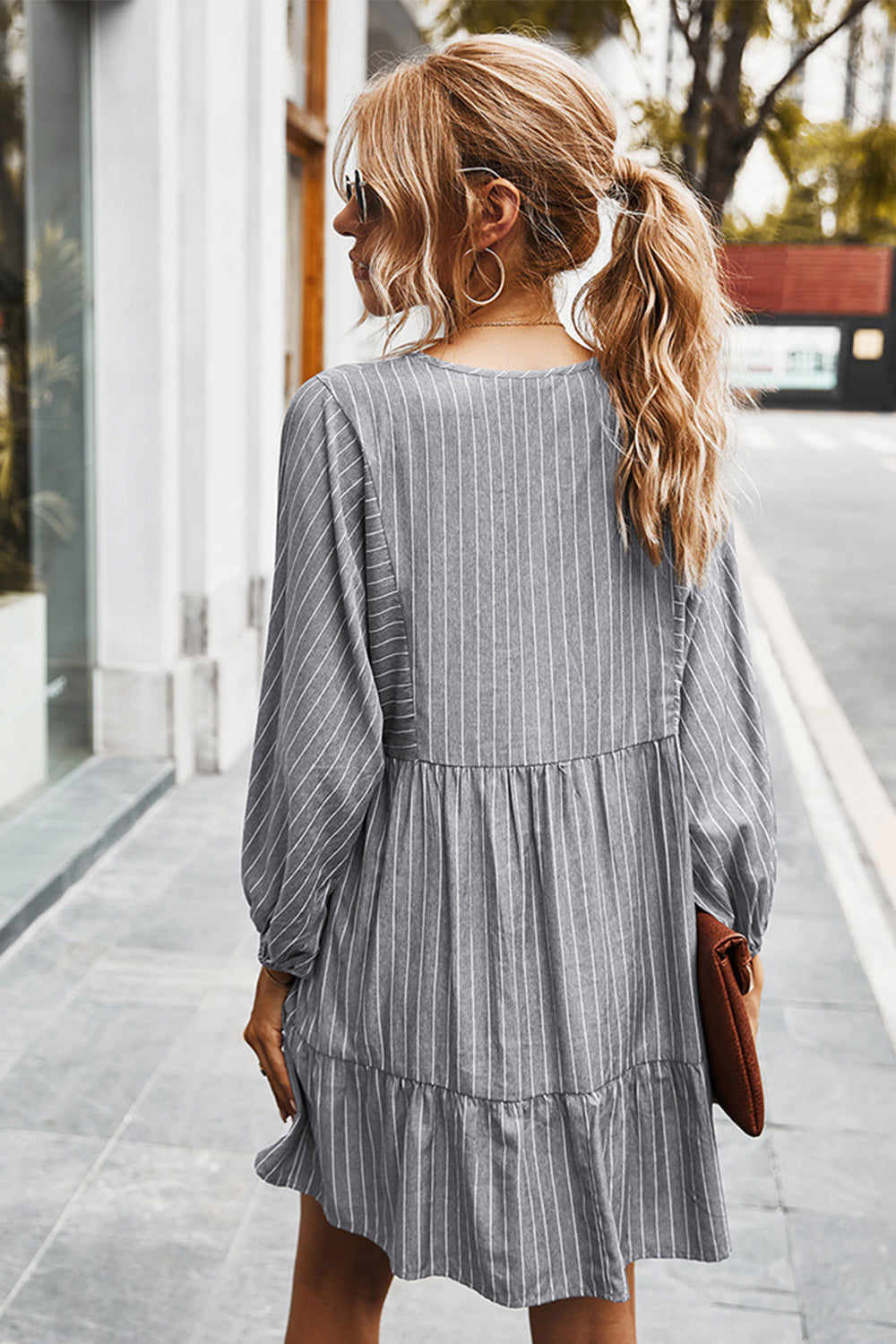 V-neck Striped Drawstring Long Sleeve Dress - Fashionpara