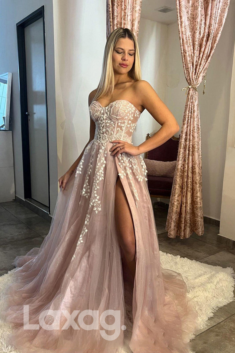 21801 - Sweetheart Lace Appliques Thigh Slit Prom Evening Dress