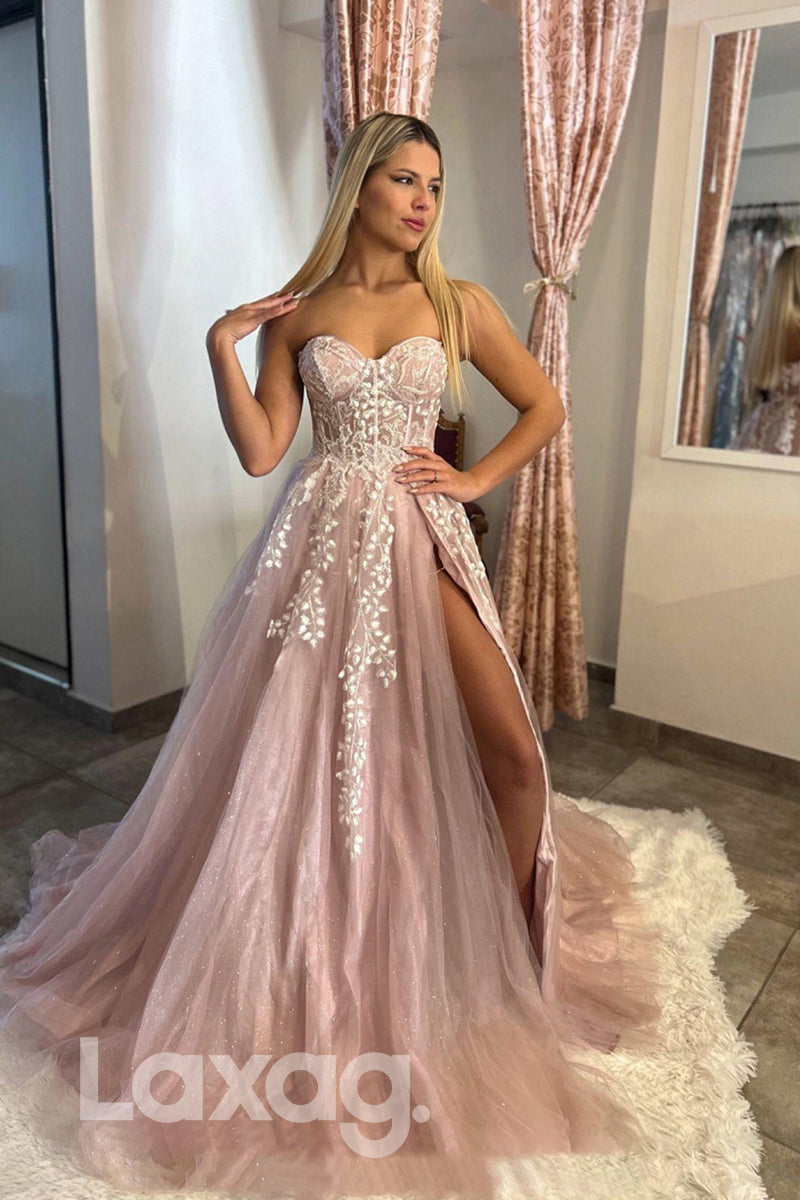 21801 - Sweetheart Lace Appliques Thigh Slit Prom Evening Dress