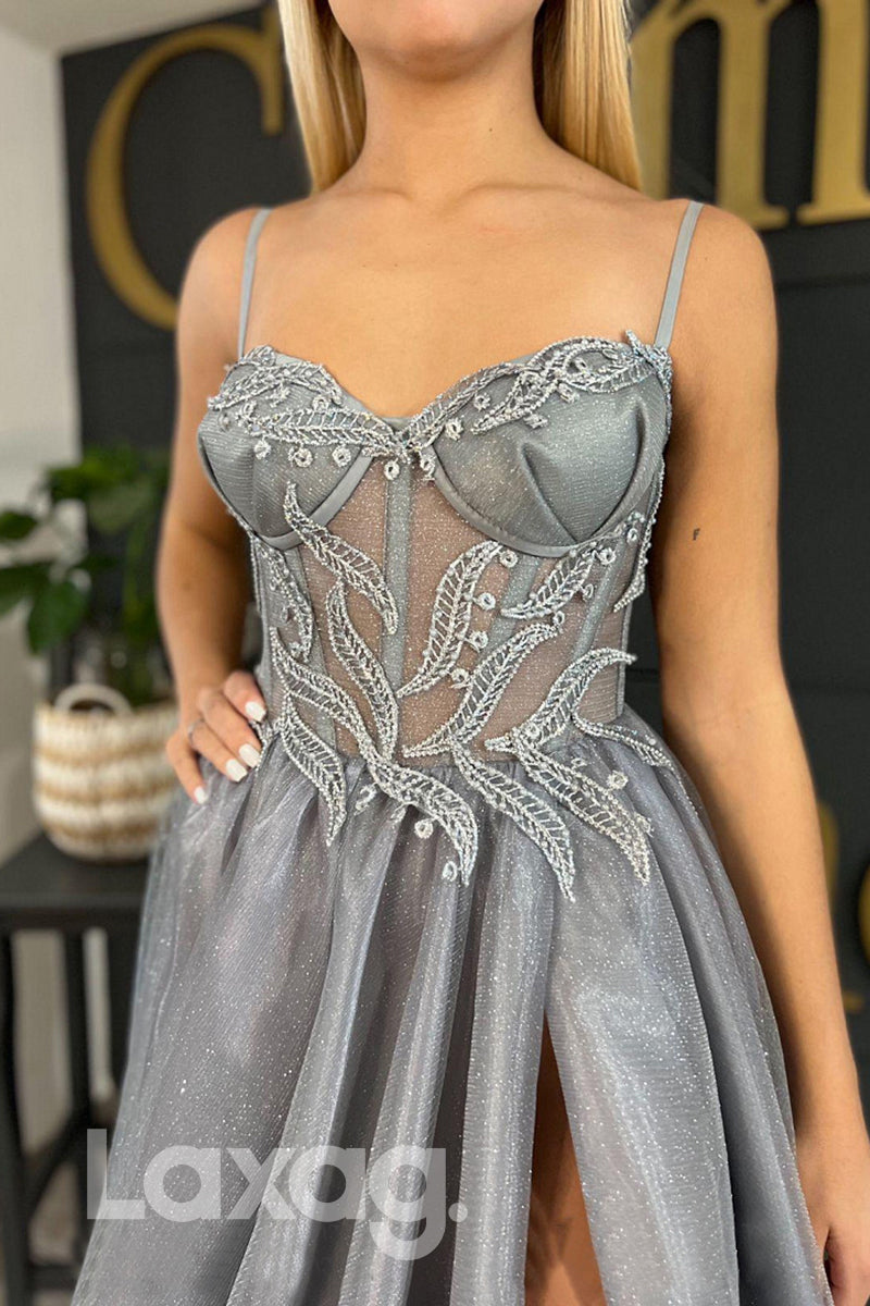 21802 - Spaghetti Sweetheart Lace Appliques Thigh Slit Silver Grey Prom Dress