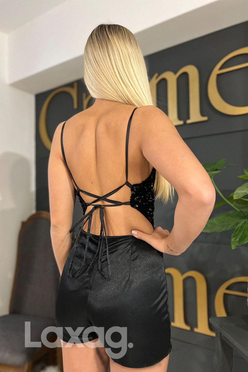 21803 - Spaghetti Keyhole Thigh Slit Black Sequins Prom Dress