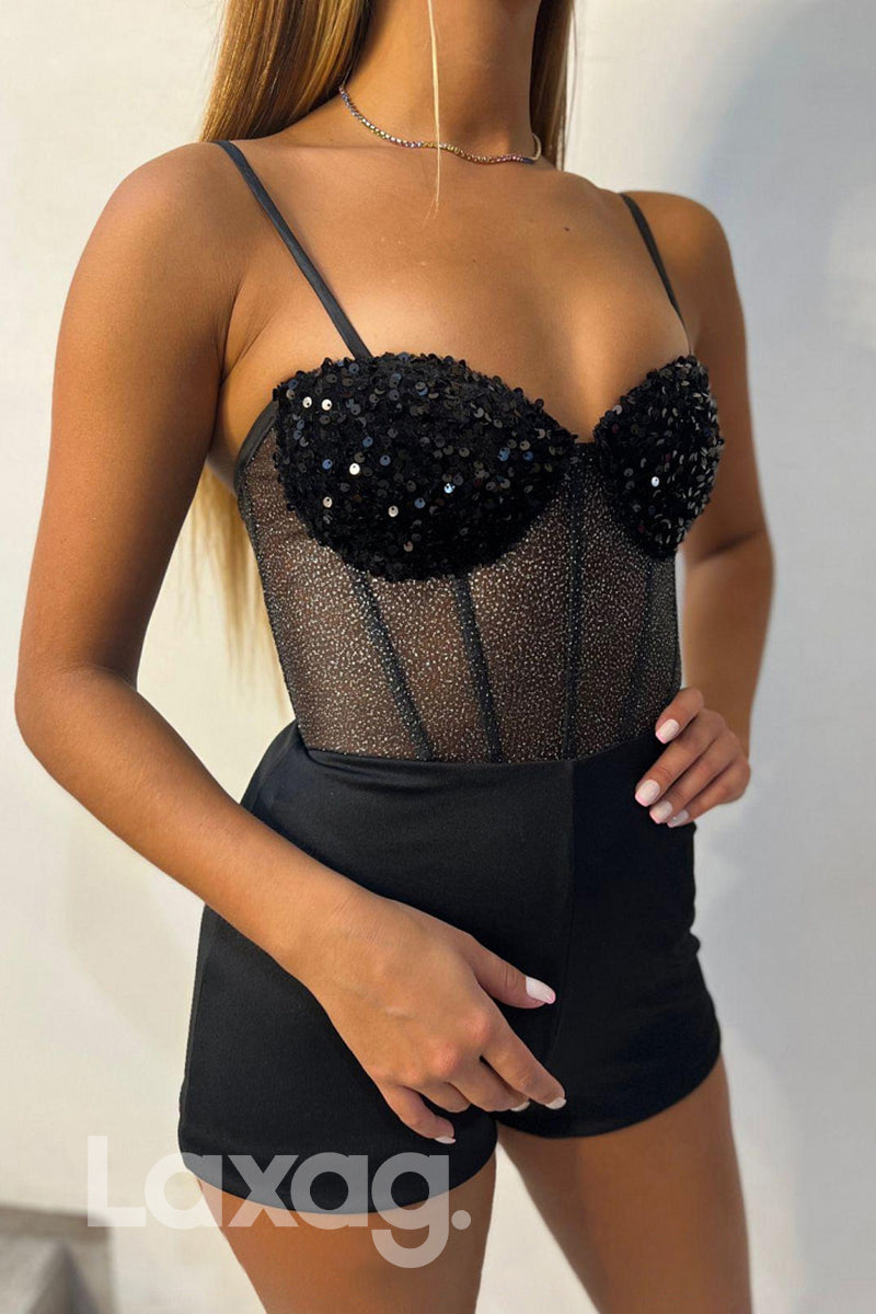 21807 - Spaghetti Thigh Slit Bone Bodice Glitter Prom Dress