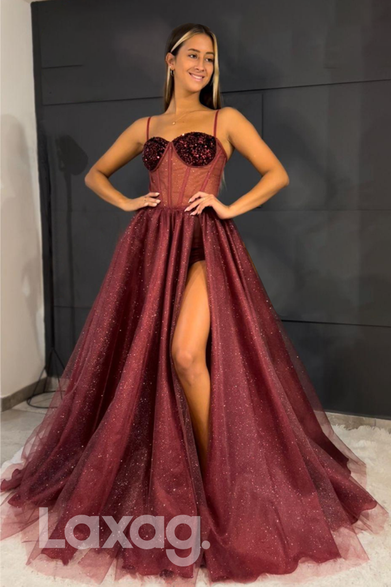 21807 - Spaghetti Thigh Slit Bone Bodice Glitter Prom Dress