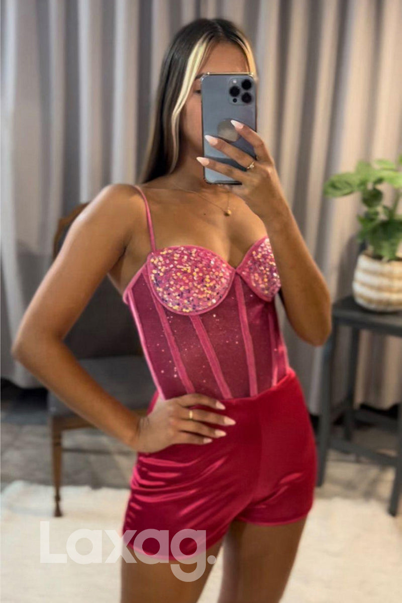 21807 - Spaghetti Thigh Slit Bone Bodice Glitter Prom Dress