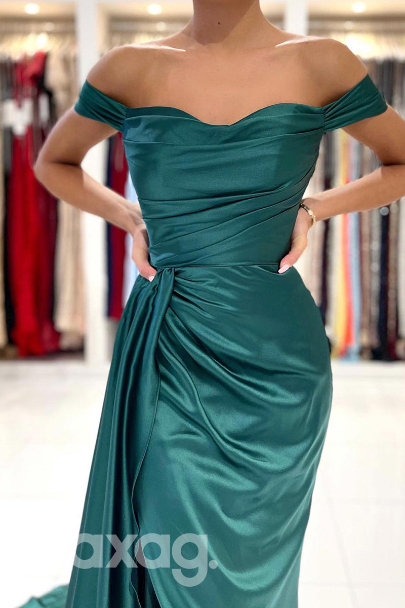 21819 - Off Shoulder Thigh Slit Emerald Green Prom Evening Dress