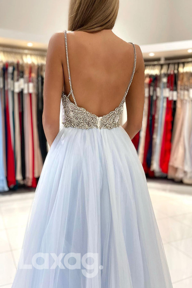 21820 - Spaghetti Light Blue Beaded Prom Evening Dress