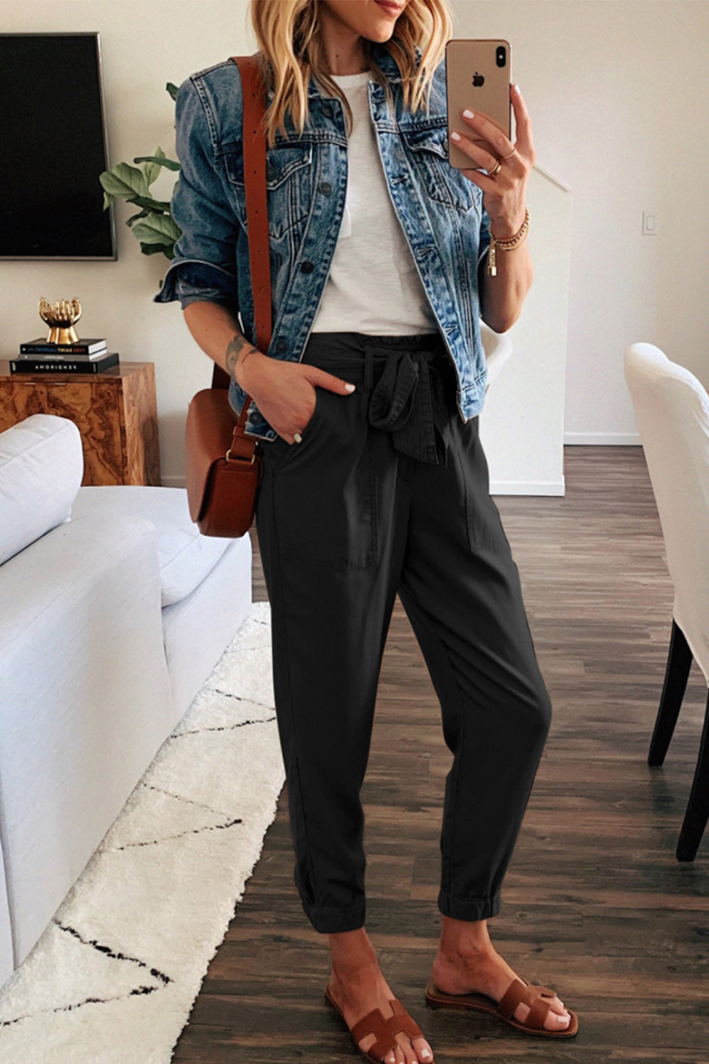 Solid Color Bow Belt Pocket Pants