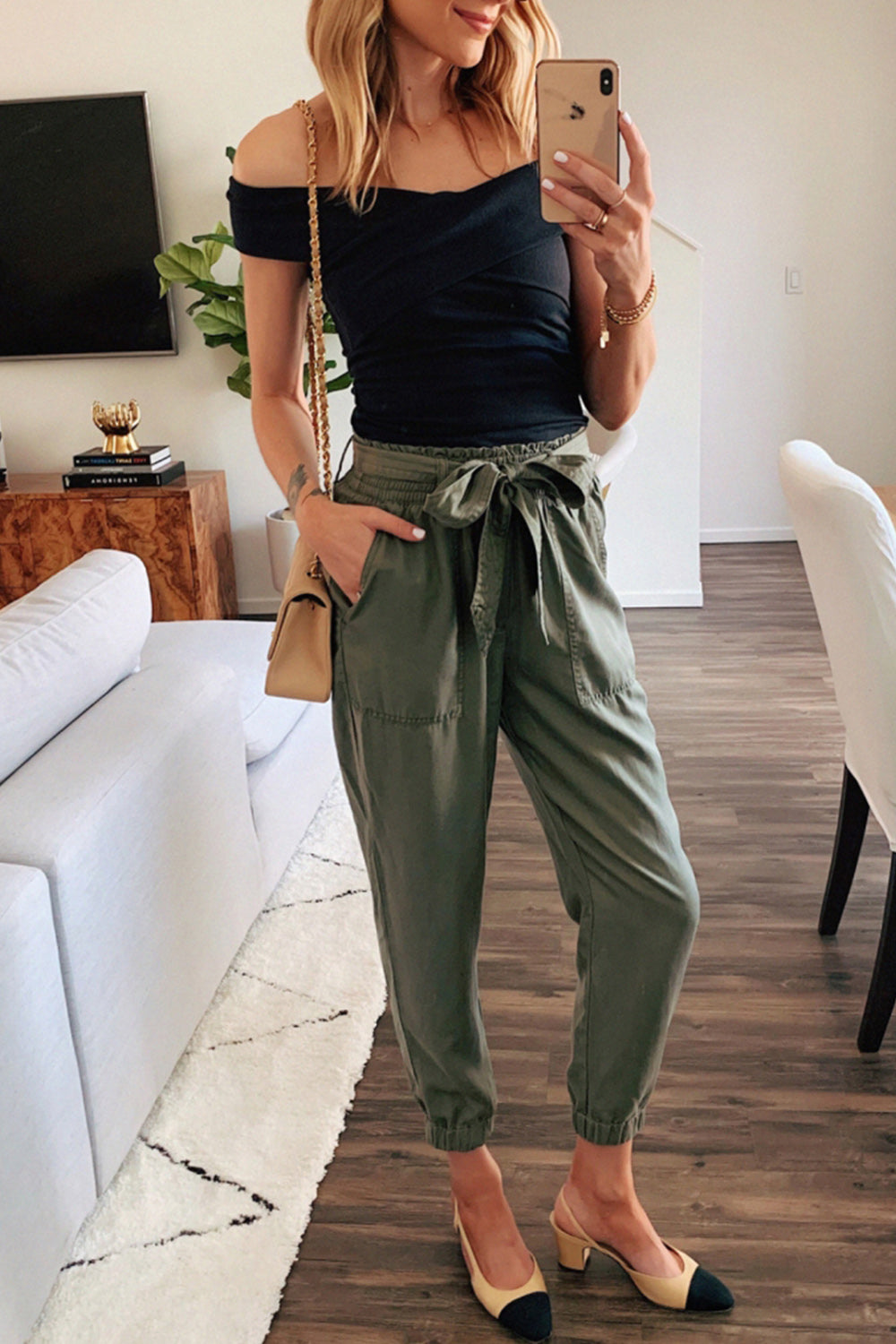 Solid Color Bow Belt Pocket Pants