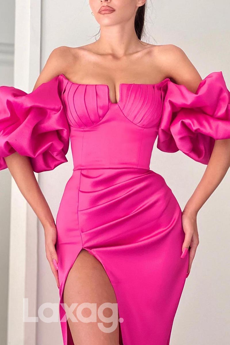 21846 - Rosy Pink Puffy Sleeves Thigh Slit Satin Prom Evening Dress