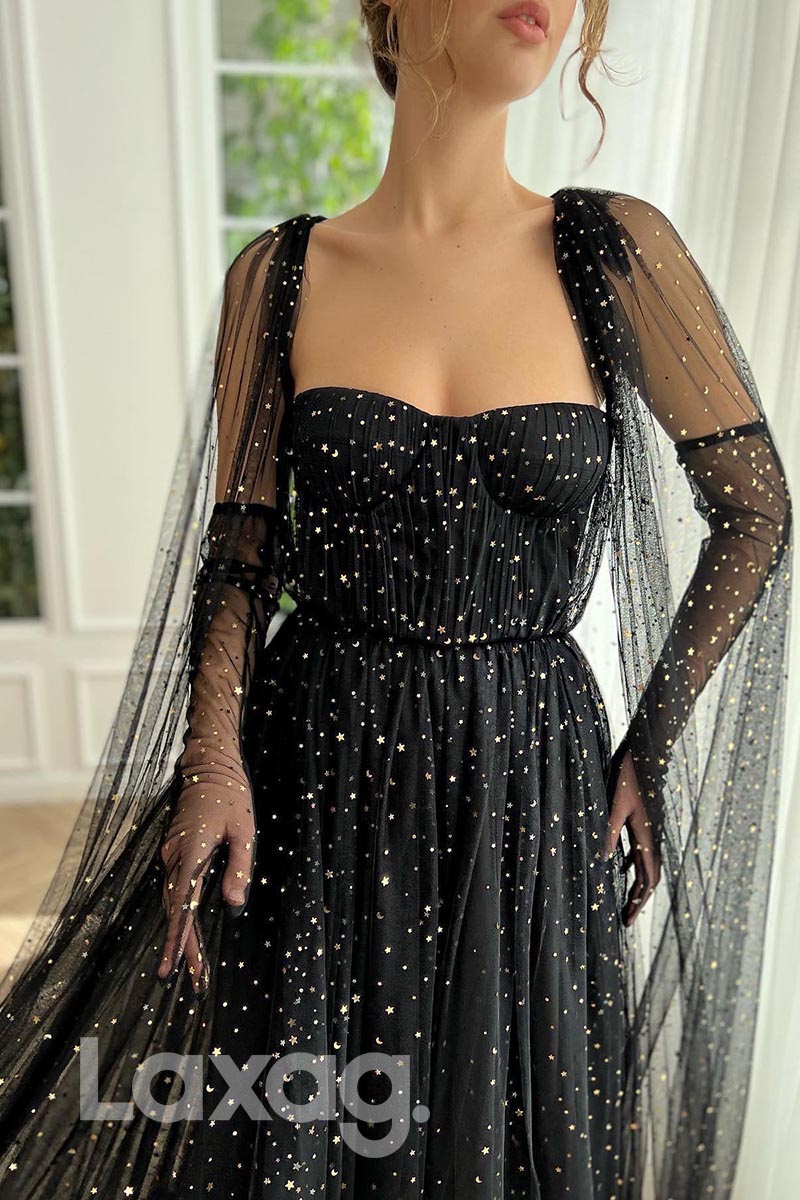 21869 - Black Sequins Strapless Prom Evening Dress with Cape