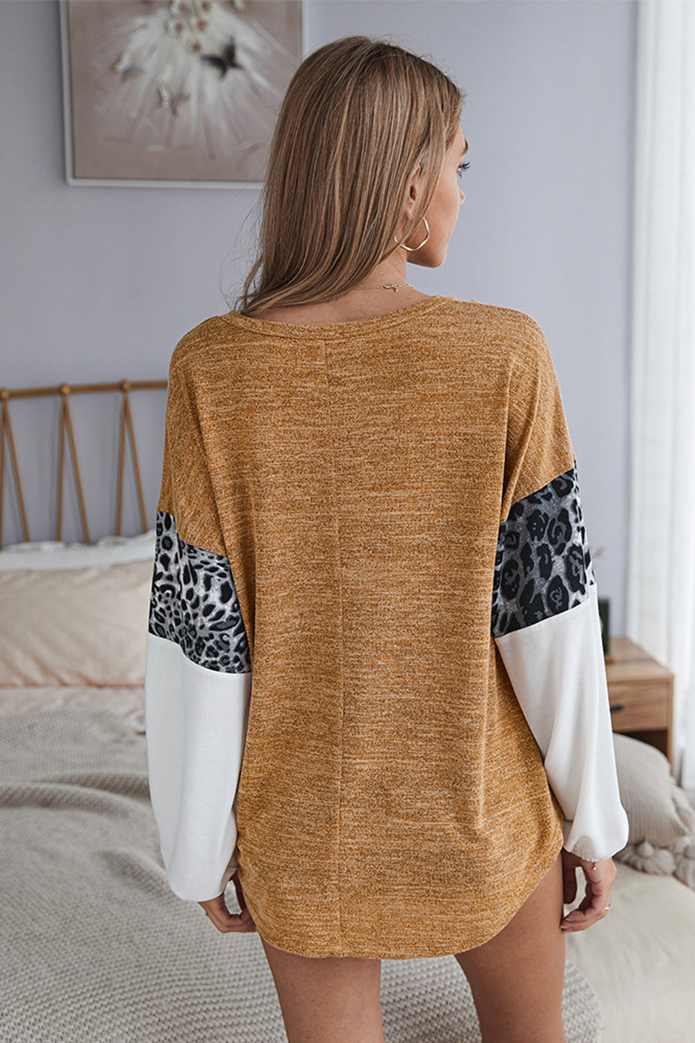 One-shoulder V-neck Leopard Print Stitching Top