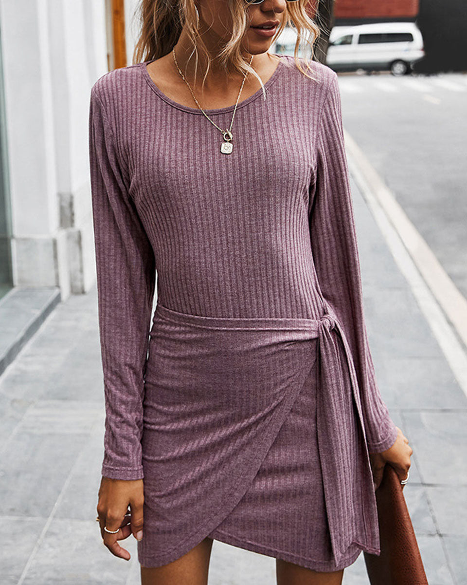 Drawstring Solid Color Long Sleeve Dress