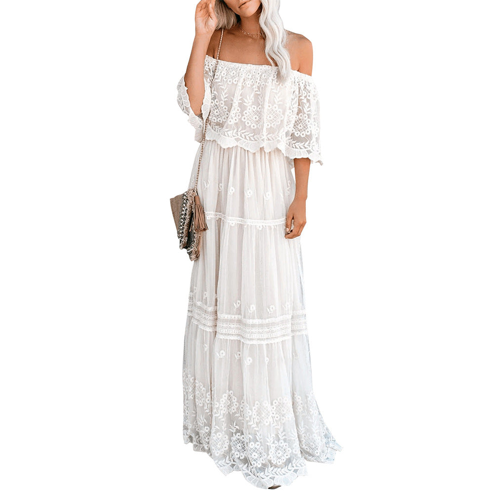Embroidered Off Shoulder Tiered Maxi Dress