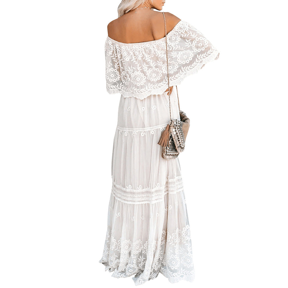 Embroidered Off Shoulder Tiered Maxi Dress