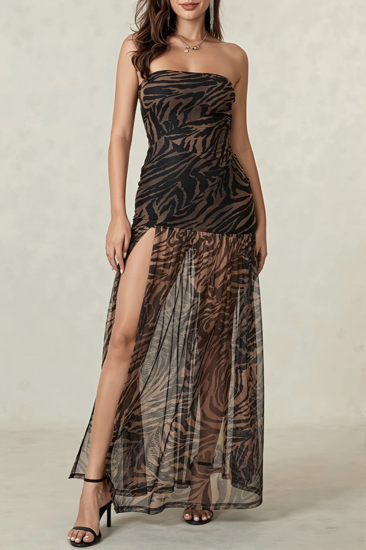 Tiger Print Strapless High-Split Sheer Maxi Dress