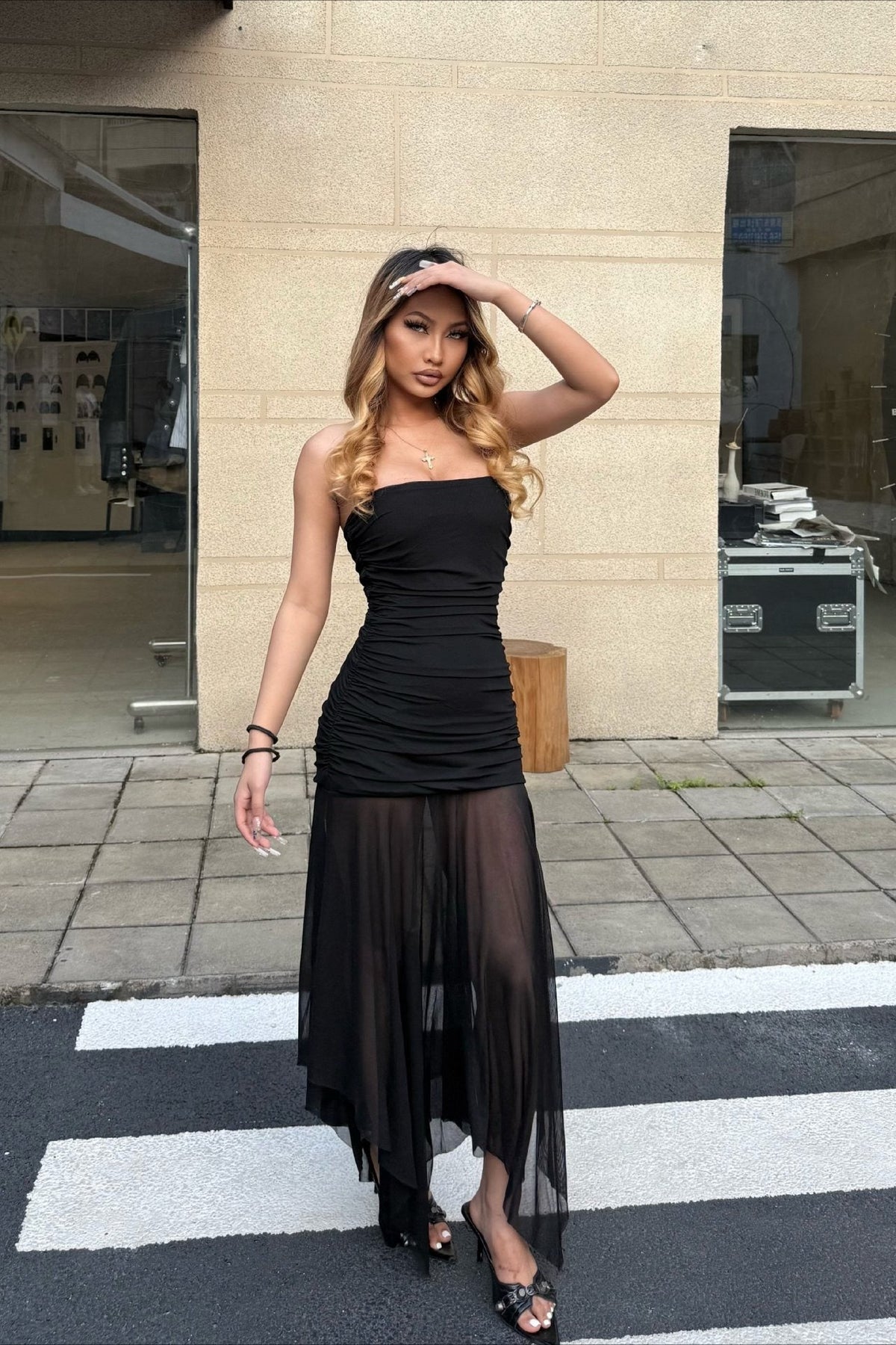 Mesh Strapless Ruched Sheer Skirt Maxi Dress