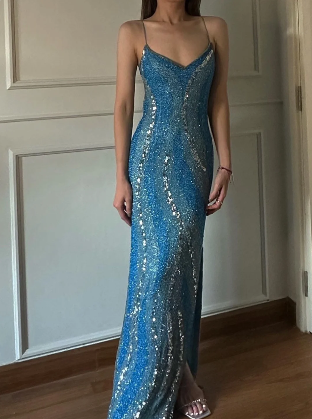 Gorgeous Blue Mermaid Halter V-neck Backless Sequined Long Prom Dress Evening Dress P4219