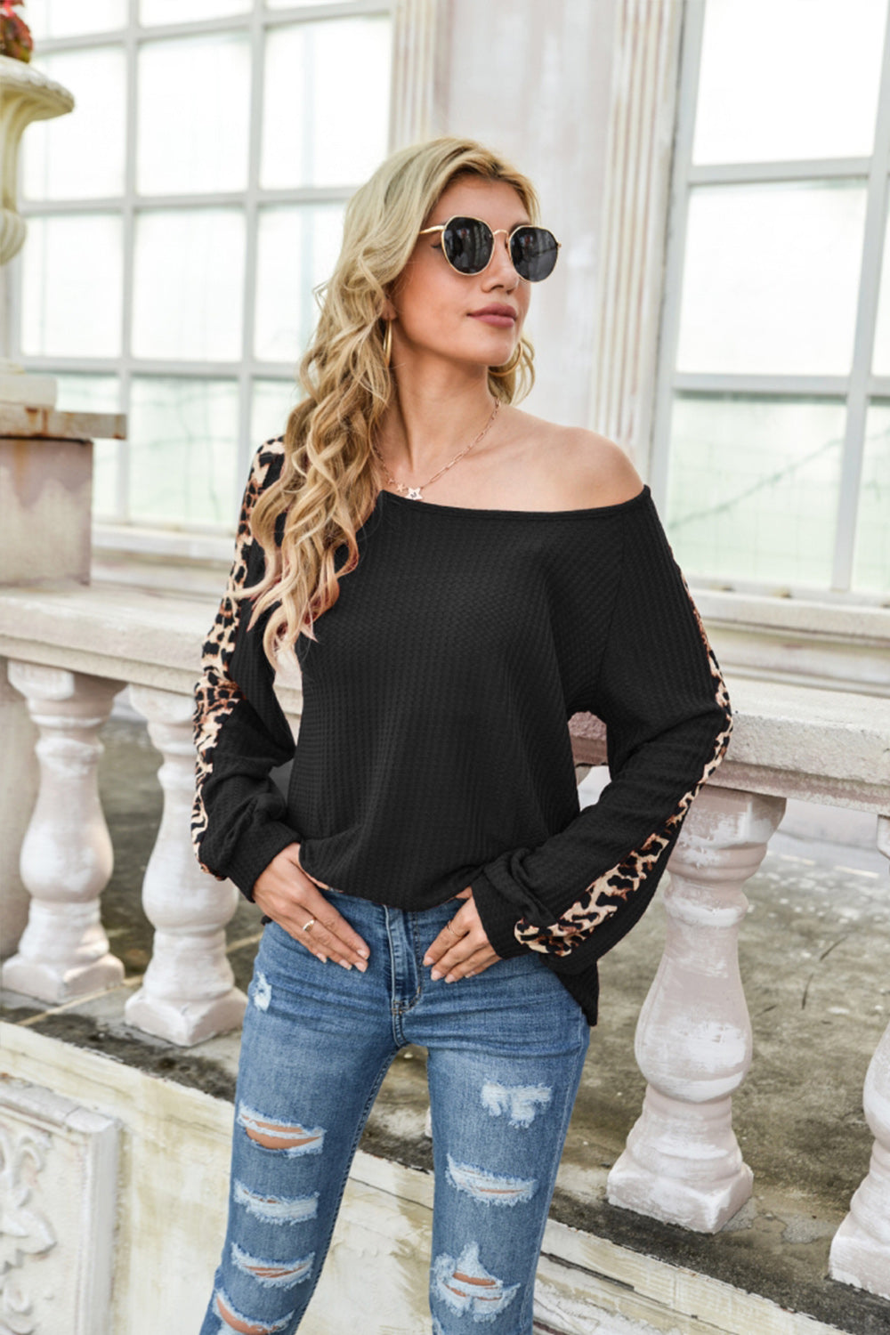 Leopard Print Patchwork Long Sleeve Top