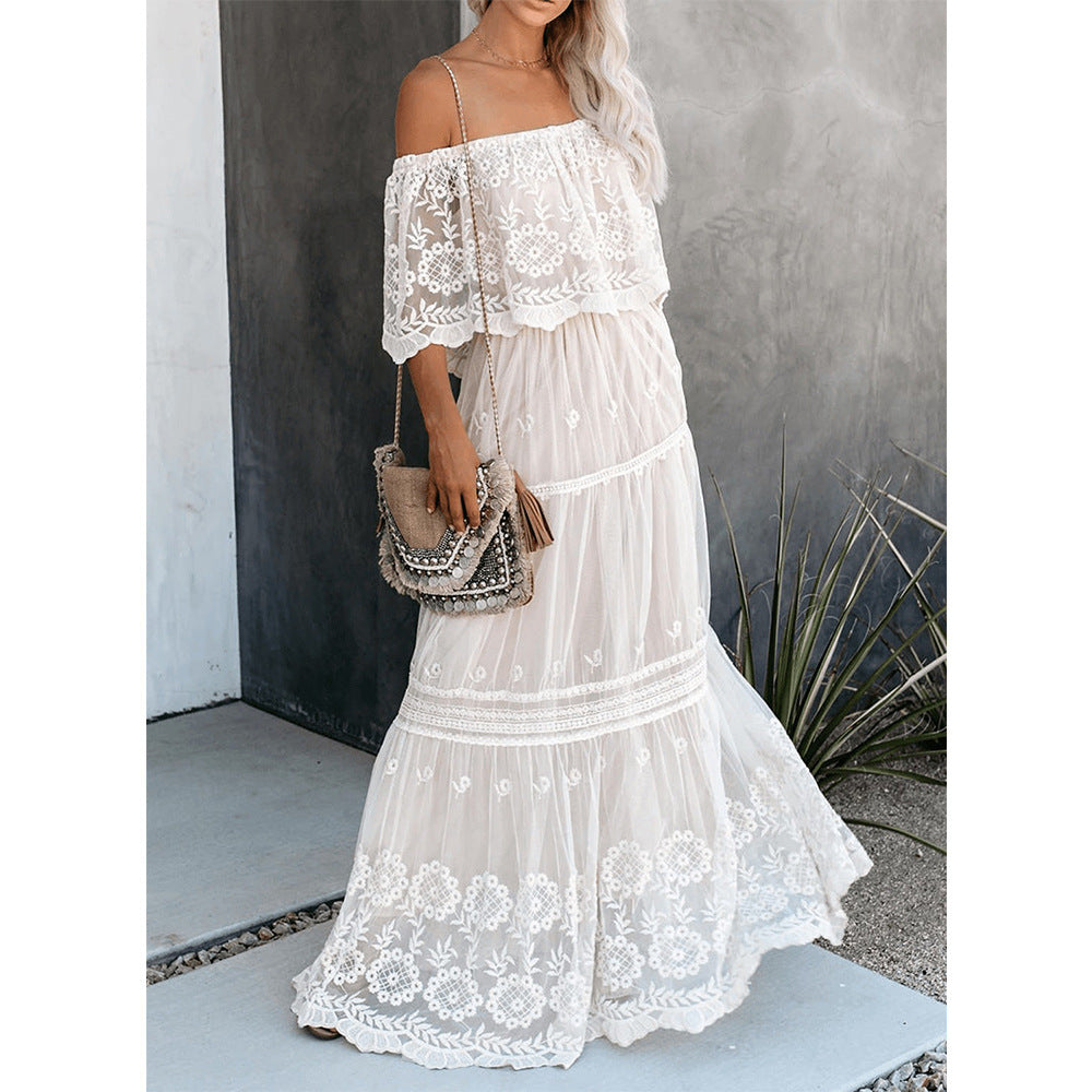 Embroidered Off Shoulder Tiered Maxi Dress