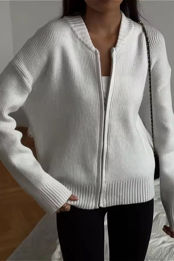 Solid Knit Zip Cardigan with Long Sleeves for Versatile Style