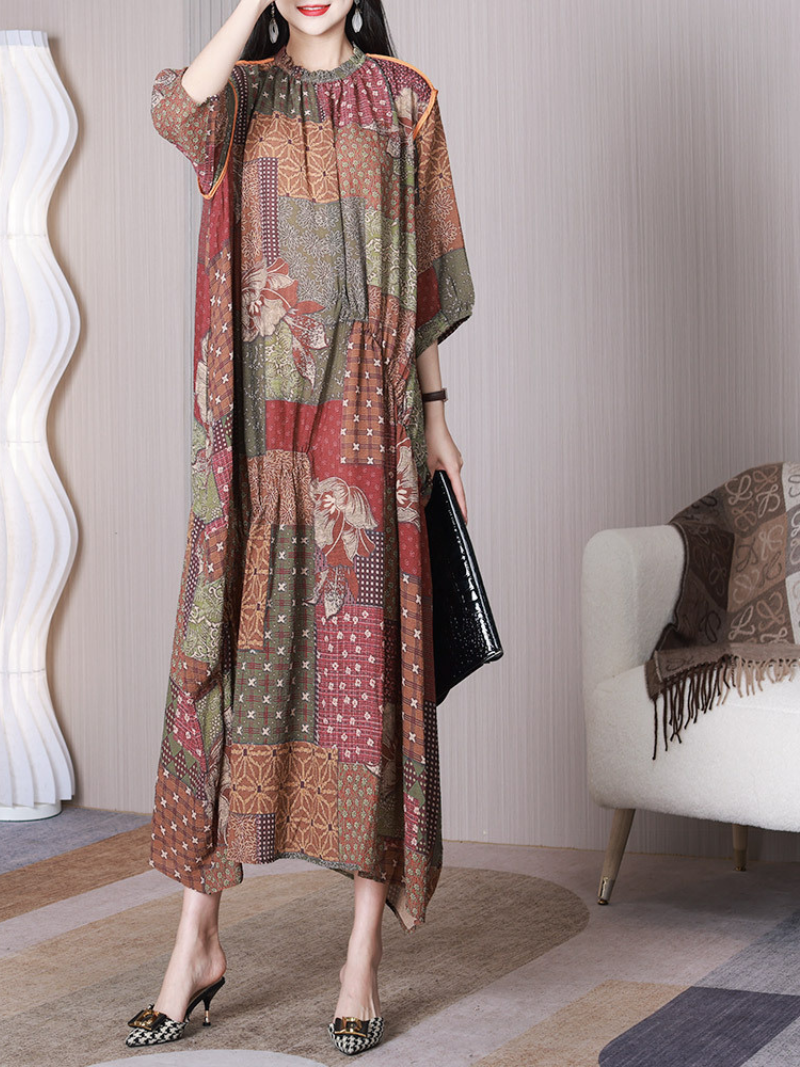 Patchwork Print Stand Collar Half-Sleeve Maxi Dress 2