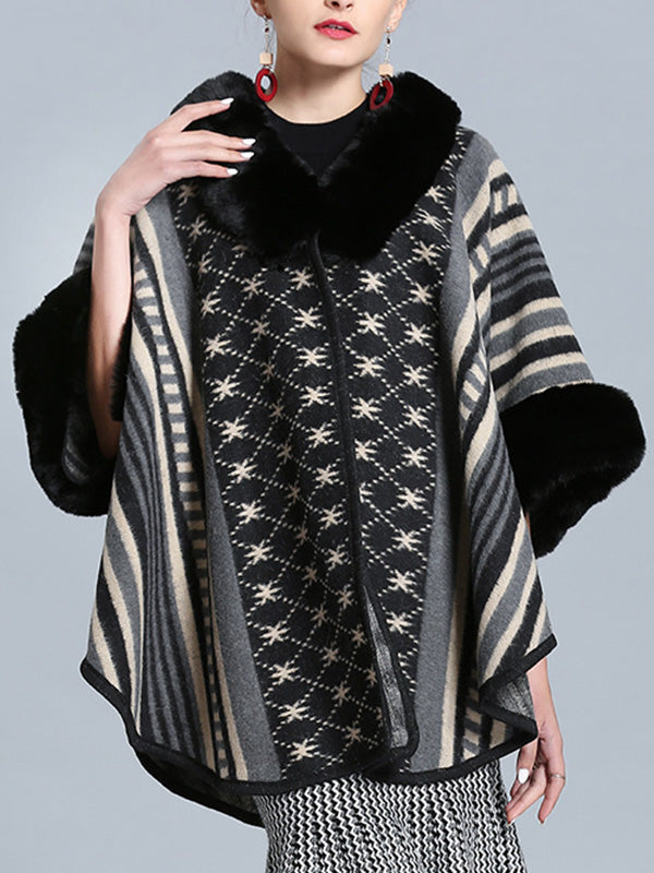 Stripe Bordeus Fluffy Neck Plus Size Cape Cardigan 13