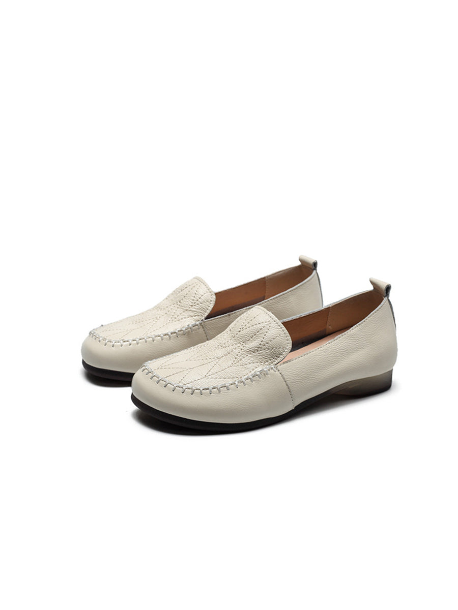 Vintage Genuine Leather Stitching Low Heel Shoes