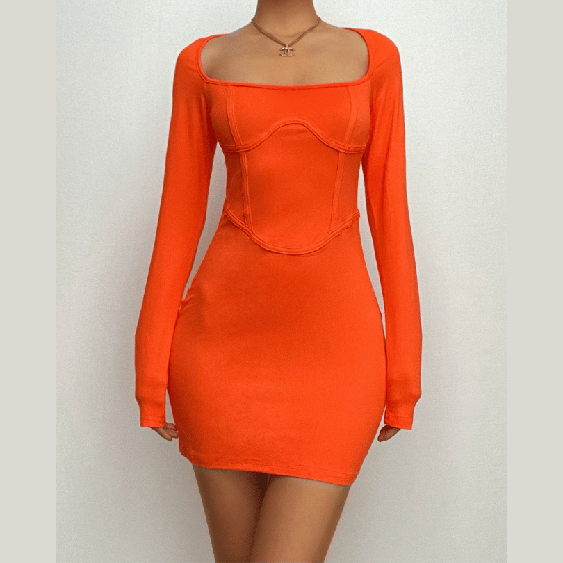 Square Neck Long Sleeve Corset Bodycon Mini Dress