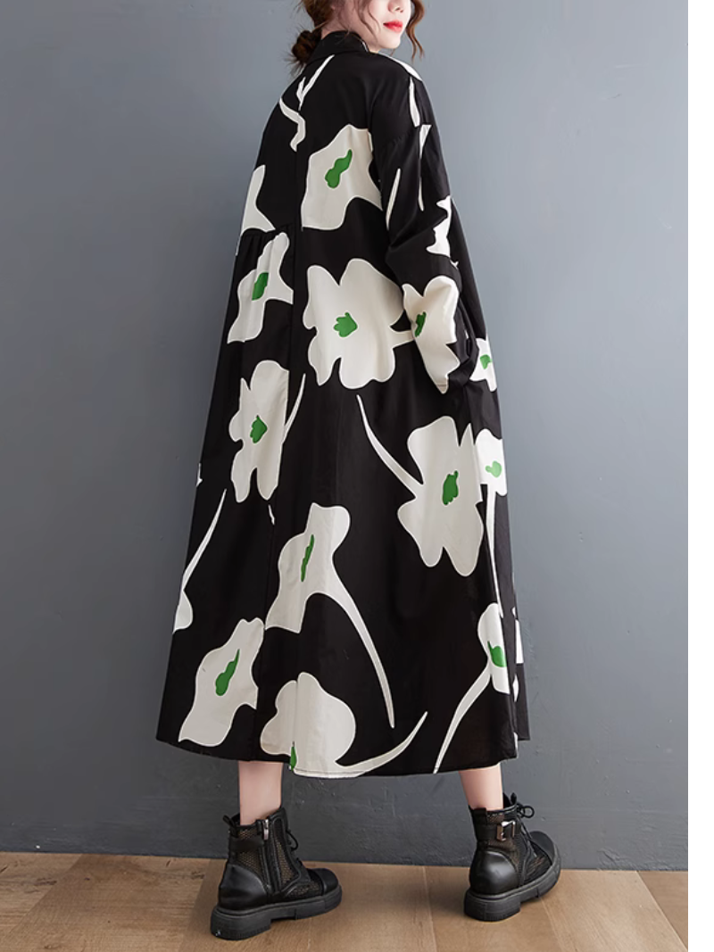 Casual Windbreaker Front Button Mid-length Shirt A-Line Dress 3