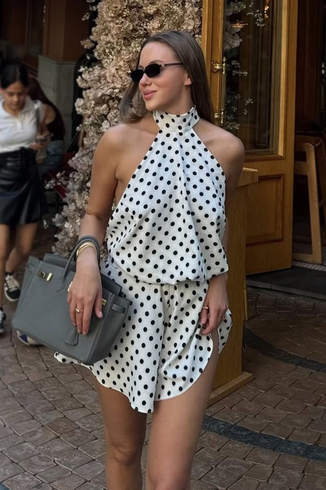 Polka Dot Halter Neck Draped Two-Piece Set