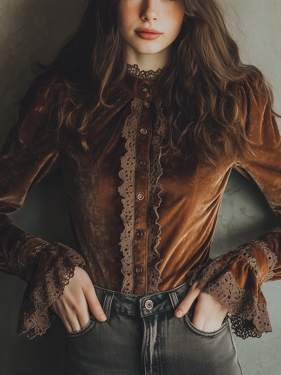Vintage Lace Cuffs Poly Velvet Blouse - Fashionpara