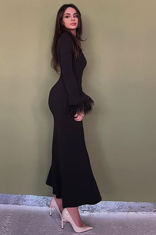 Feather Trim Bodycon Maxi Sweater Dress - View 2