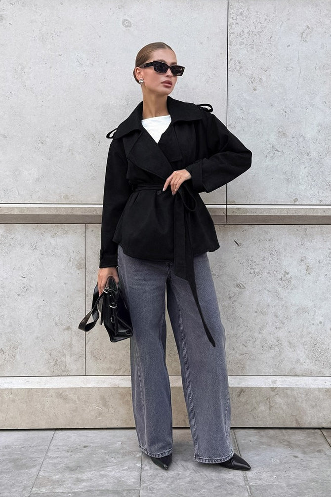 Suede Solid Tie Waist Thickened Warm Coat