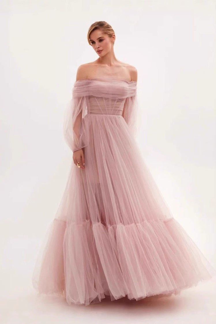 Tulle Off Shoulder Long Sleeve Corset A-Line Maxi Gown - View 4