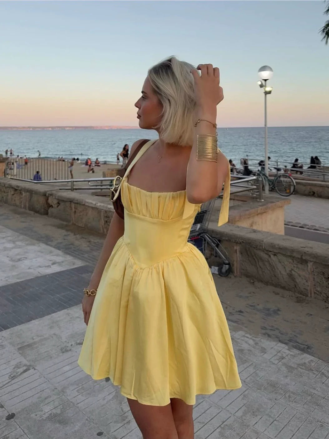 A Line Homecoming Dresses Yellow Bow Strap Prom Cocktail Party Gown - Fashionpara