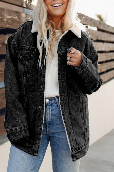 Fleece Lined Denim Bomber Jacket 4