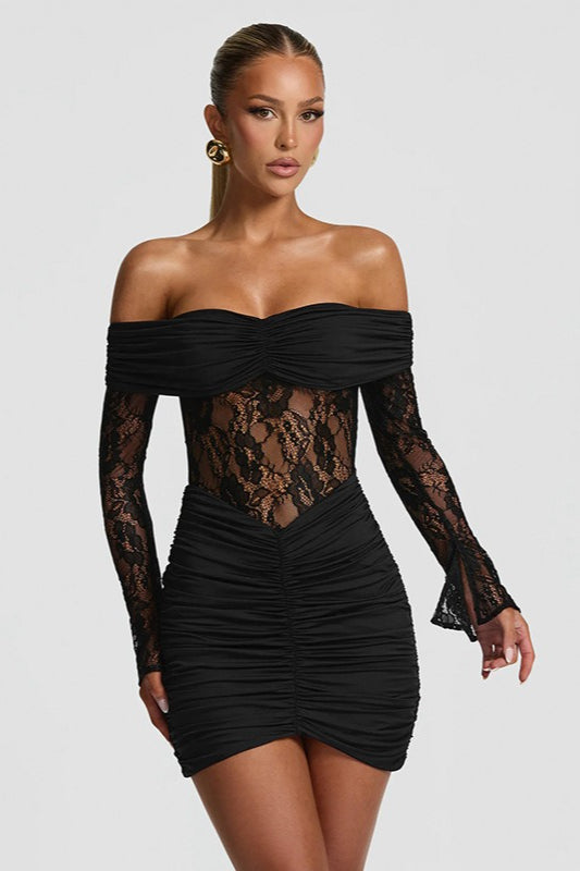 Off-Shoulder Lace Sleeve Ruched Bodycon Mini Dress