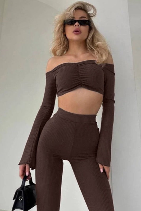 Off Shoulder Long Sleeve Top and Flare Pants Set