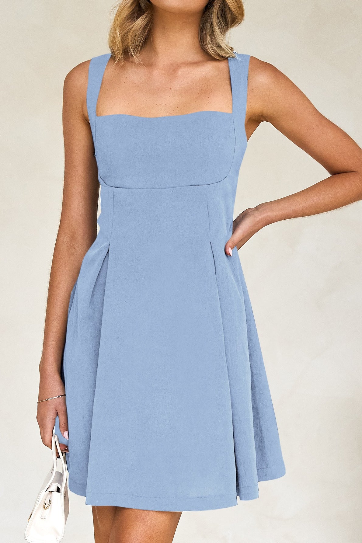 Square-Neck Sleeveless Pleated A-Line Mini Dress