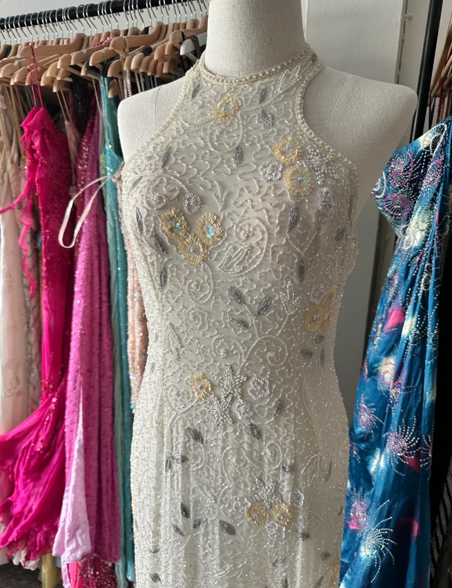 Vintage Ivory Mermaid High-Neck Beaded Floral Mesh Long Prom Dress Evening Dress P4220