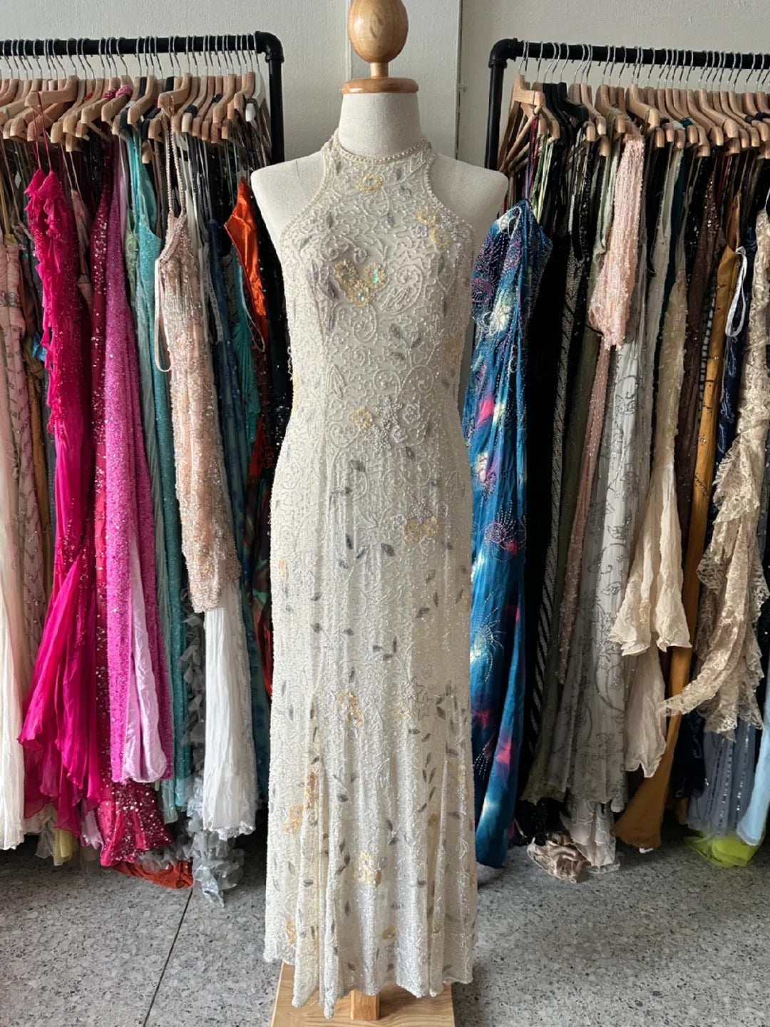 Vintage Ivory Mermaid High-Neck Beaded Floral Mesh Long Prom Dress Evening Dress P4220