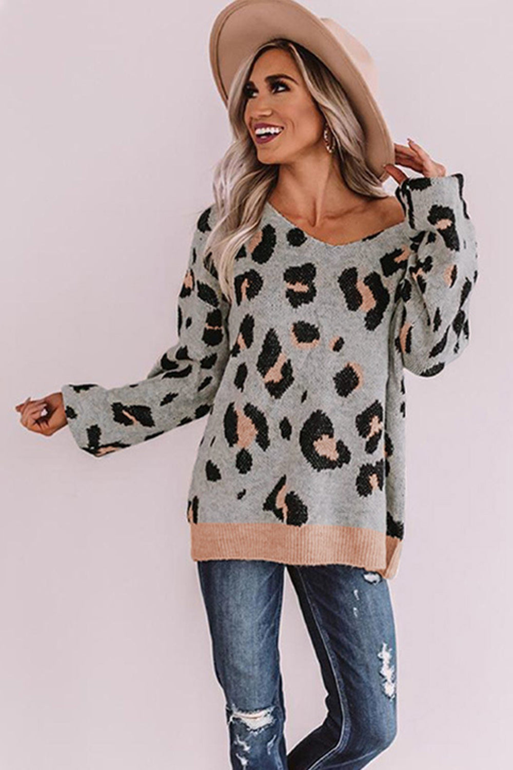 RadyRin One-Shoulder Loose Leopard Print Sweater