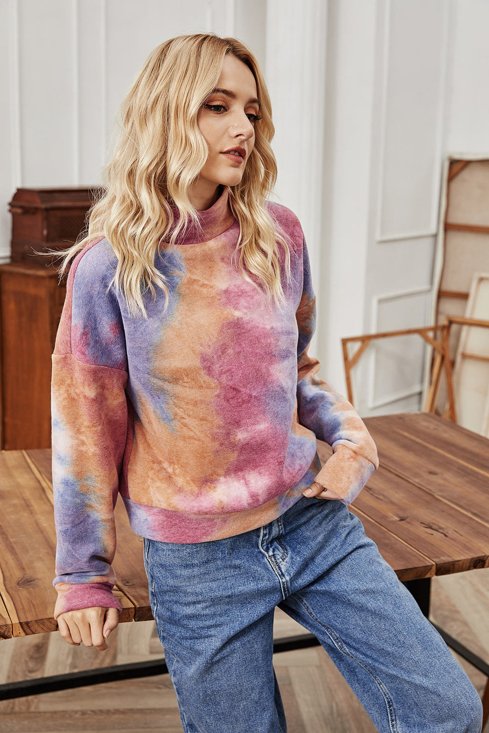 RadyRin Long-Sleeved High-Neck Tie-Dye Sweater for Elegance