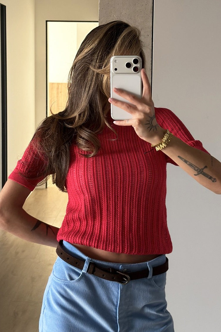 Openwork Short Sleeve Crew Neck Sweater